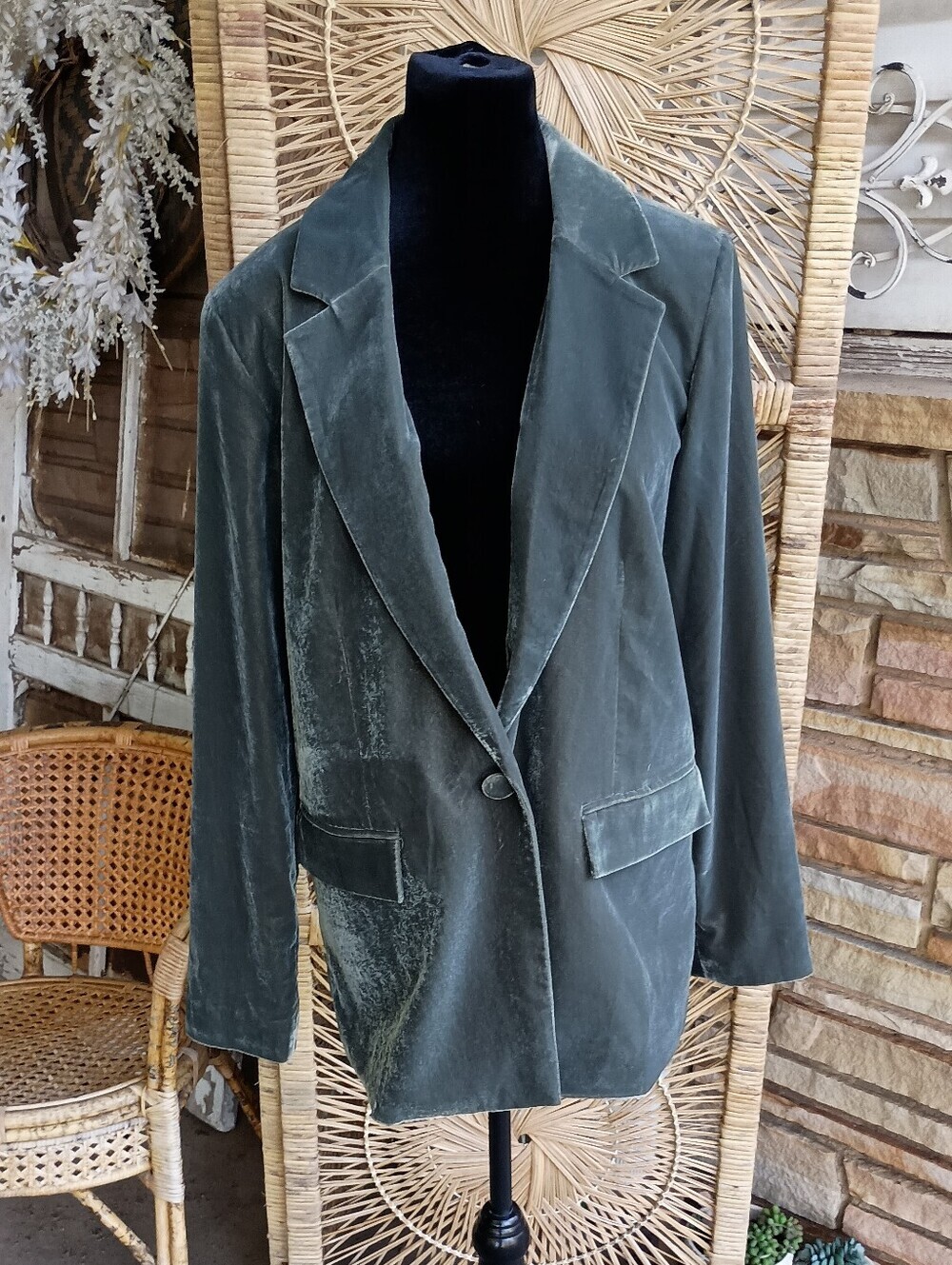Open Edit Nordstrom Classic Women's Velvet Blazer Jacket Green_M - Picture 3 of 10